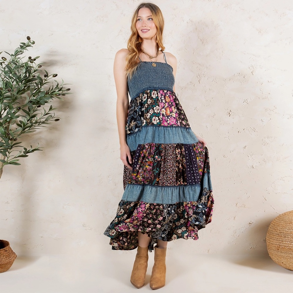 Smocked Tiered Floral Midi Dress in Teal and Black - Picture 5 of 12